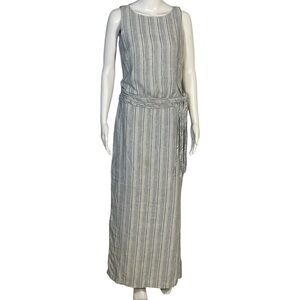 Nikki Valentine Irish Linen Blue Stripe Sleeveless Fringe Belt Maxi Dress Sz 6